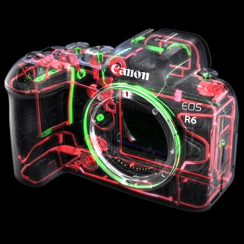 A cutaway image showing the precision parts and weather sealing on a Canon EOS R6 camera.