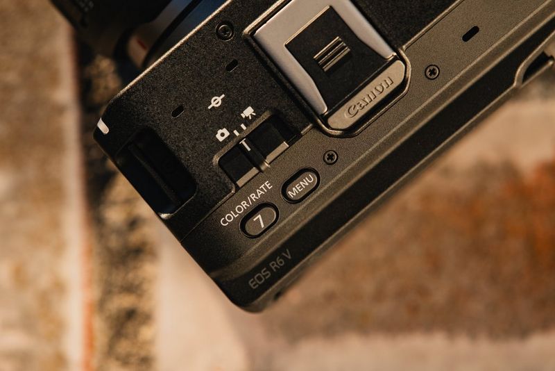 A close-up of the Color button on the Canon EOS R6 V camera.