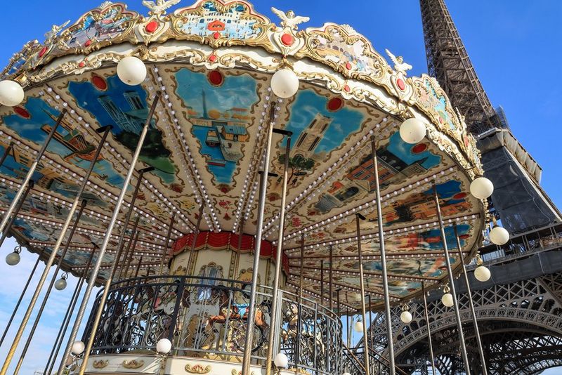 A view of a carousel beneath the Eiffel Tower, taken on an APS-C Canon camera.