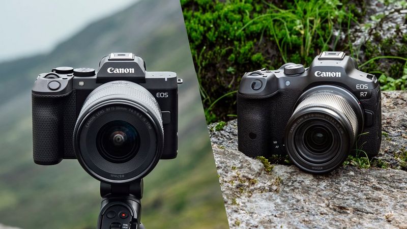 A split image showing a Canon EOS R8 Mark II in front of an out-of-focus hillside and a Canon EOS R7 sitting on a rock.