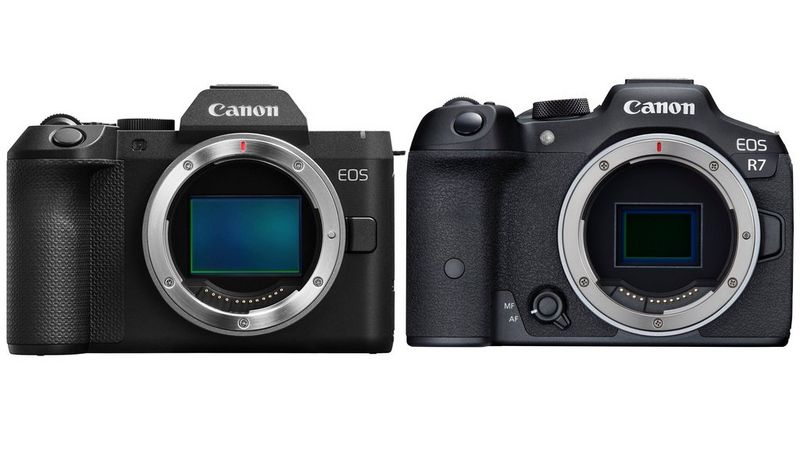 The EOS R8 Mark II alongside the EOS R7, both cameras with no lens attached.