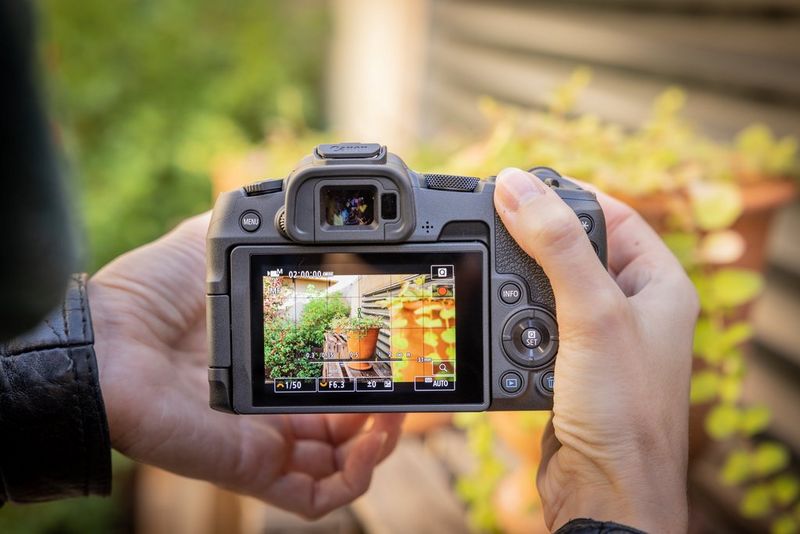 A user's hands holding a Canon EOS R8, with the rear screen displaying the video Focus Assist feature in use. 