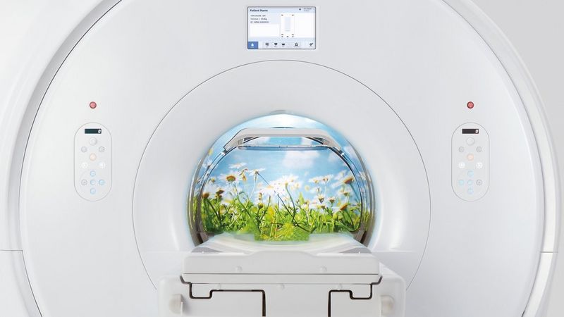 Front view of a Canon Vantage Fortian MRI machine with MR Theater, showing a calming nature-themed interior display of a field of daisies under a blue sky.