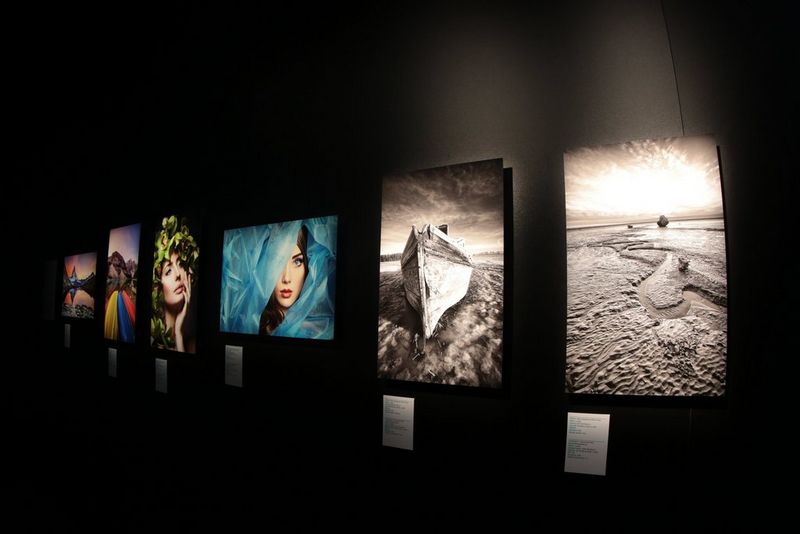 Six photo prints displayed on a dark-coloured wall, each lit from above.