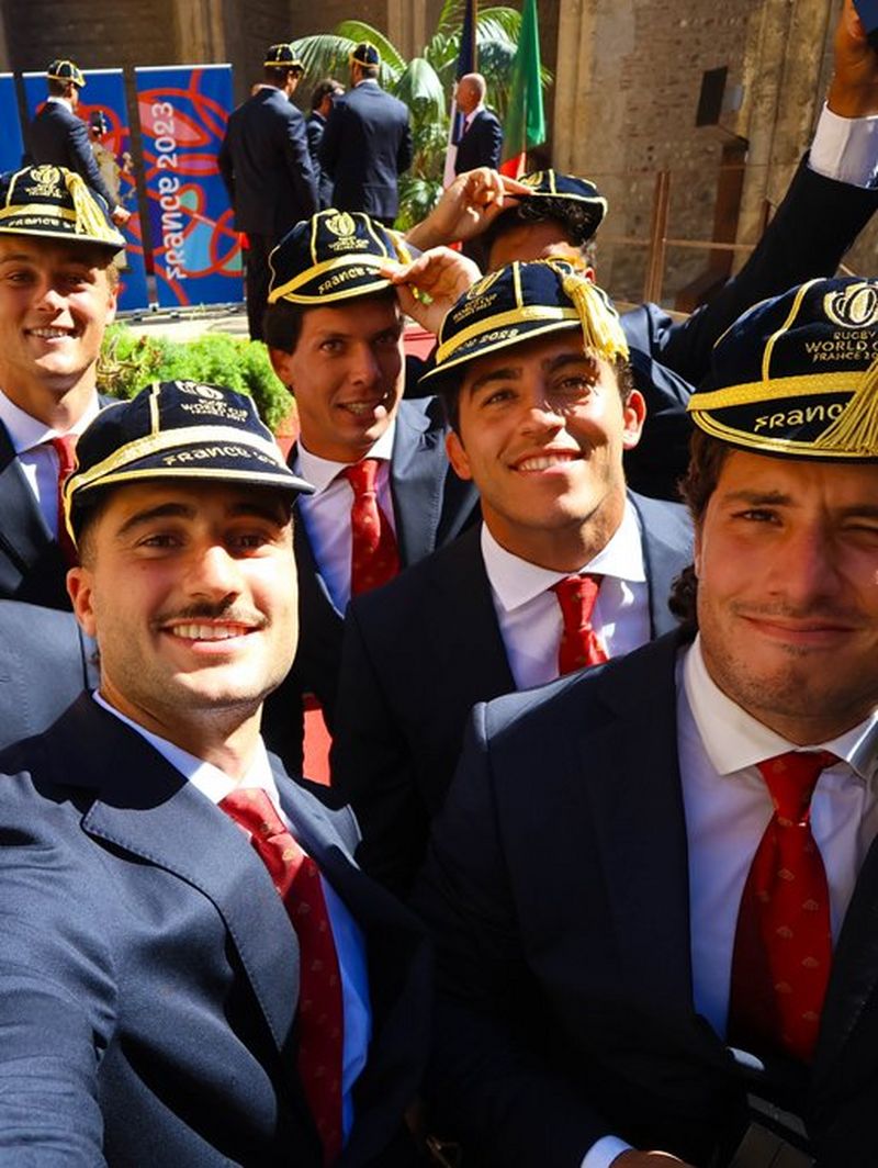 An image of the Portugal rugby players during the cap ceremony ahead of Rugby World Cup 2023