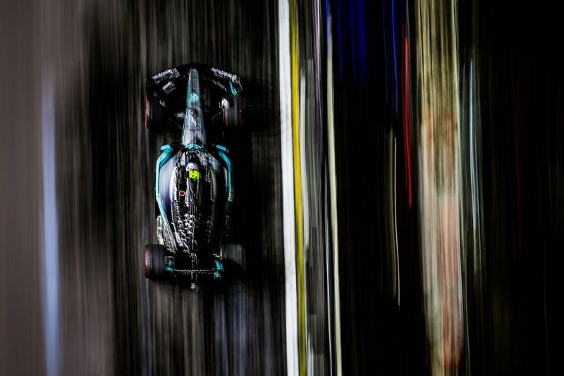 Award-winning motorsports panning image by Florent Gooden, showing a Mercedes F1 car. Captured on Canon EOS R3.