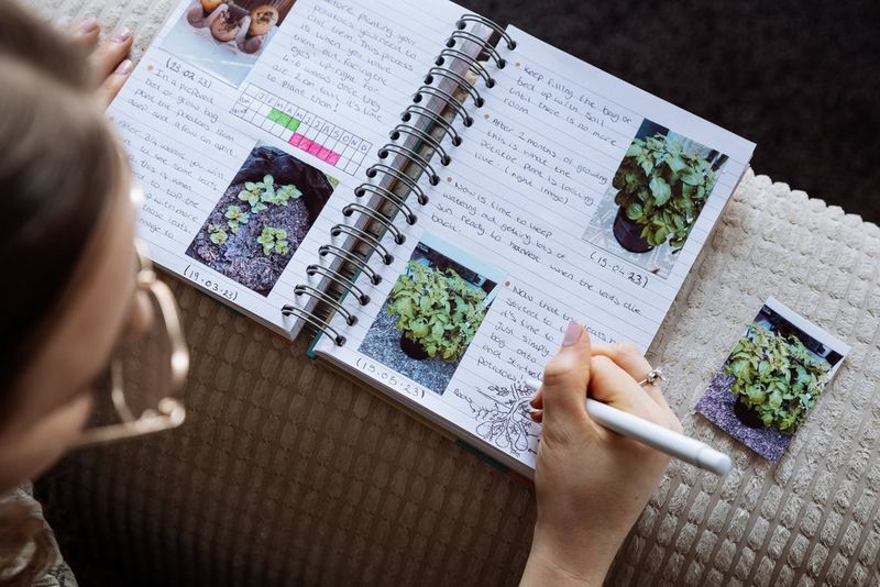 Žena si zapisuje do deníku údaje o rostlinách, které pěstuje, vedle nalepených fotografií rostlin.