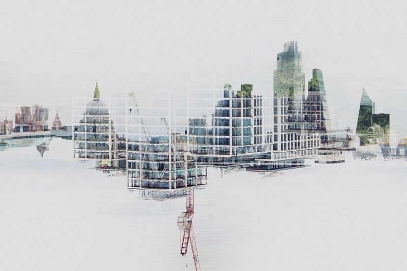 A street photography double exposure of one city skyline mapped onto another shown upside down.