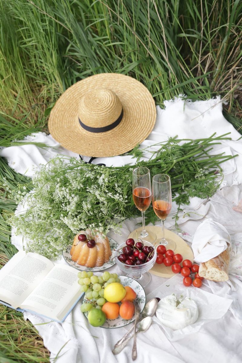 Na bijeloj deki na travi nalaze se cvijeće, otvorena knjiga, šešir širokog oboda, izbor hrane za piknik i dvije čaše šarenog gaziranog napitka.