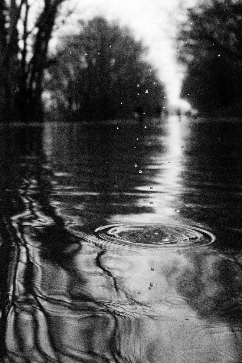 Черно-белое изображение ряби на пруду, россыпь водяных капель застыла в воздухе над ней.