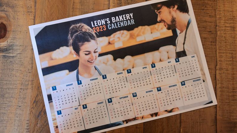 A printed year planner created in Canon PosterArtist, with the title 'Leon's Bakery 2023 Calendar' and an image of a man and a woman in front of shelves of bread.
