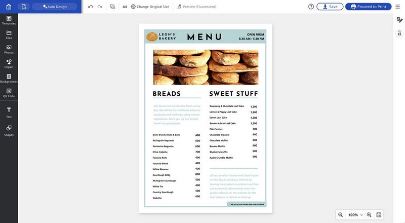 Снимок экрана Canon PosterArtist, демонстрирующий меню для пекарни.