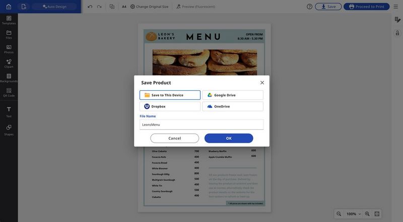 Снимок экрана Canon PosterArtist с открытой опцией «Сохранить продукт».