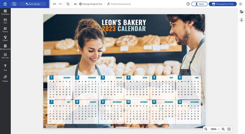 Снимок экрана Canon PosterArtist с макетом календаря в альбомной ориентации для пекарни.
