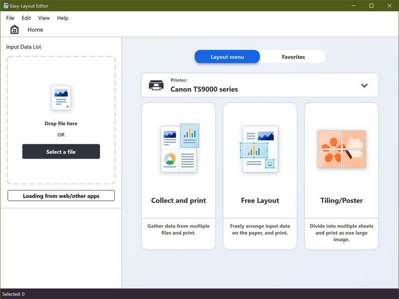 Een schermafbeelding van Canon Easy-Layout Editor, met links een vak voor het neerzetten van bestanden, en opties zoals Verzamelen en Printen, Vrije indeling en Mozaïek/Poster aan de rechterkant.