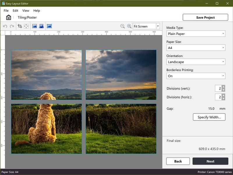 Een schermafbeelding van de Canon Easy-Layout Editor toont een afbeelding van een hond die in vieren is verdeeld in de optie Mozaïek/Poster.