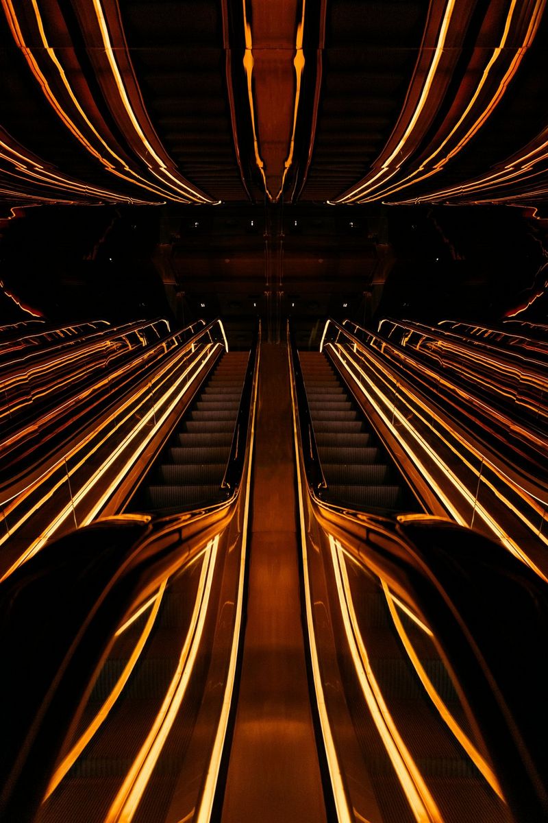 Rows of escalators, lit up against darkness, are reflected in the ceiling above them.