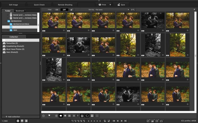 A screenshot of an image editing program, showing a selection of colour and black and white photographs from a wedding day.
