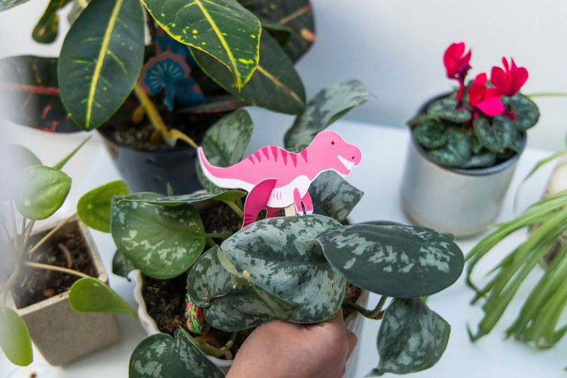 Un modello di dinosauro di Canon Creative Park si trova su un vaso, circondato da altre piante.