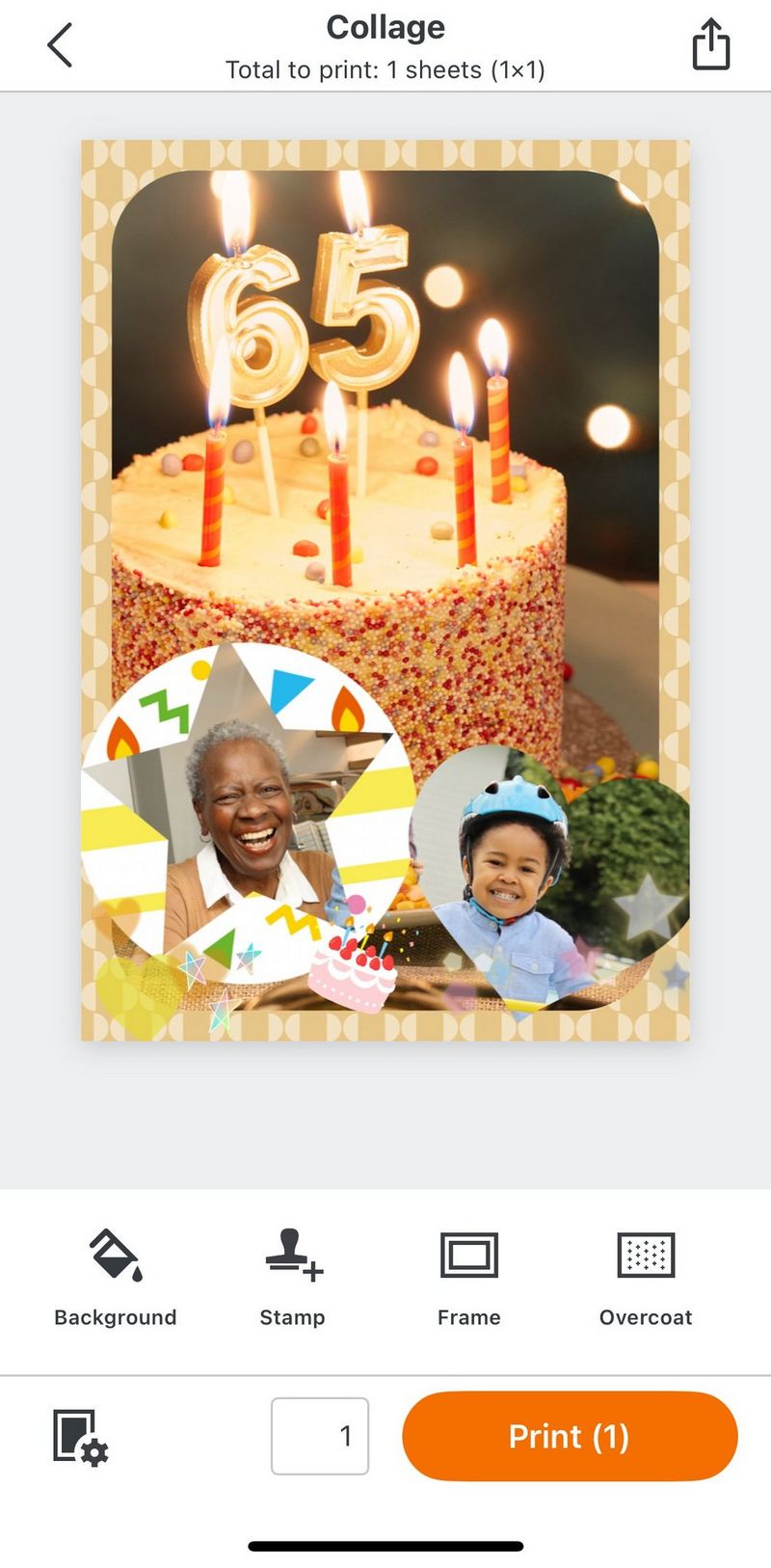 יצירת פריסה כיפית באפליקציה SELPHY Photo Layout של Canon, המציגה חותמות מותאמות אישית בצורות כוכב ולב עם תמונות משפחתיות.