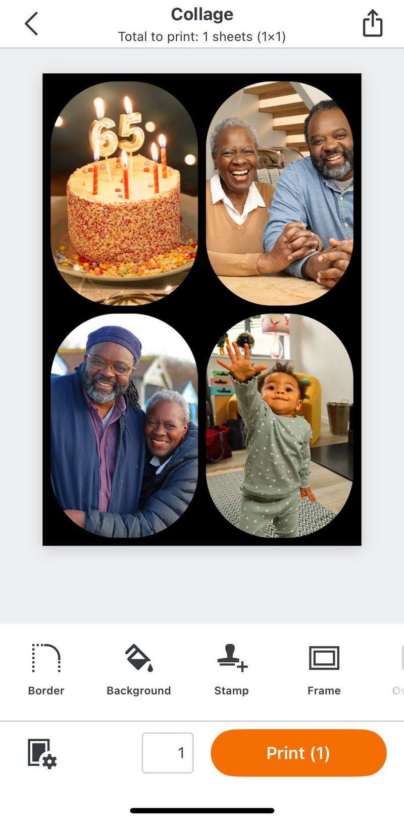 צילום מסך של אפליקציית SELPHY Photo Layout של Canon, המציגה ארבע תמונות עם פינות מעוגלות המסודרות על רקע שחור ומוכנות להדפסה.