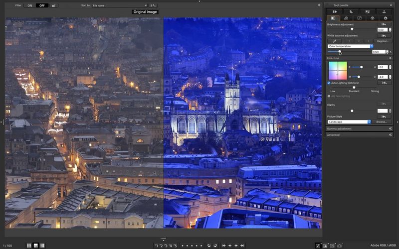 Capture d'écran de Canon Digital Photo Professional montrant une photo avant et après d'un paysage urbain de nuit, non éditée sur la gauche et avec une dominante bleue appliquée sur la droite.