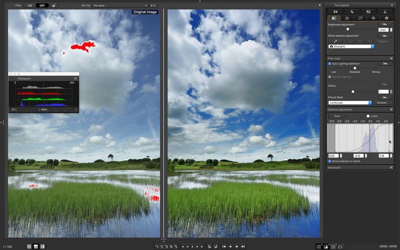 Capture d'écran de Canon Digital Photo Professional montrant deux versions d'une image d'un champ détrempé, la version non éditée à gauche avec une couche de superposition en rouge faisant ressortir des zones claires d'un blanc pur et une version à droite avec le contraste ajusté.