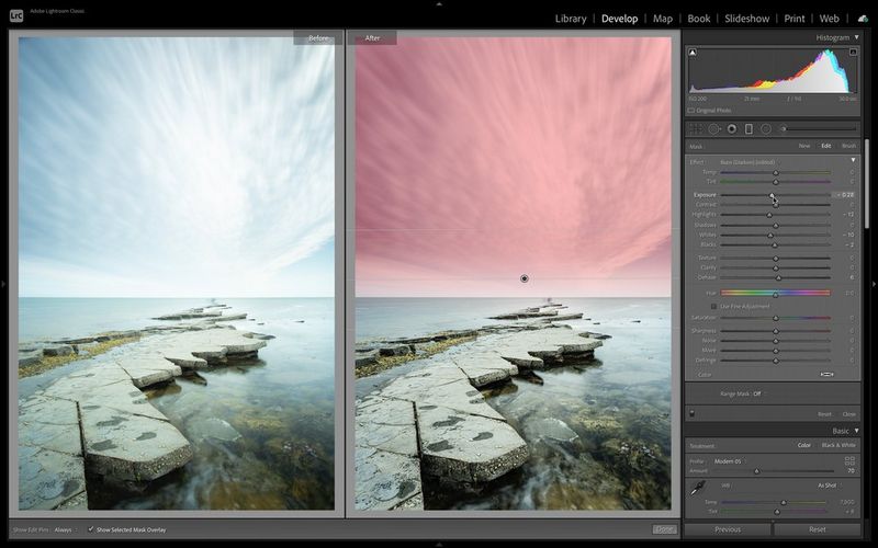 Capture d'écran d'Adobe® Lightroom® avec deux images d'un paysage riche en eau. Un filtre numérique gradué est appliqué à la version de droite.