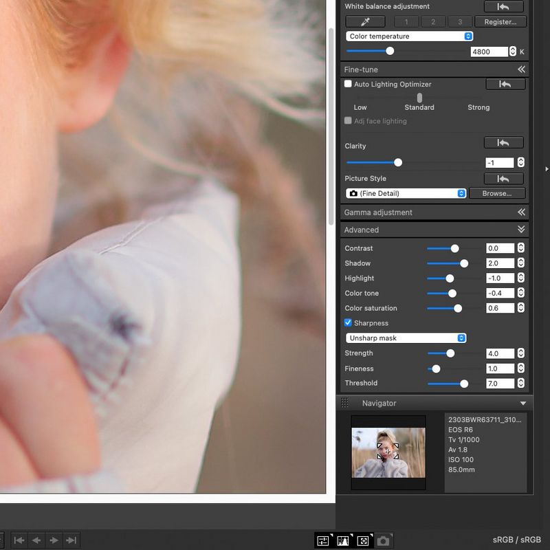 צילום מסך של תוכנת DPP של Canon שמציג את הפקדים בלוח הכלים המתקדמים, כולל ניגודיות, רוויית צבע וחדות.