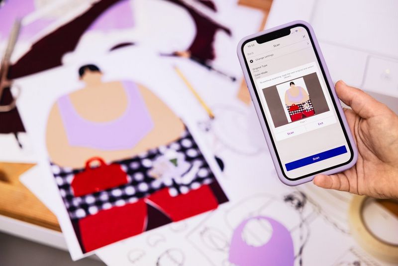 Collagekunstenaar Beth Fraser houdt een smartphone vast met de Canon PRINT-app op het scherm en regelt het scannen van een van haar werken, waarvan een print op de tafel op de achtergrond ligt.
