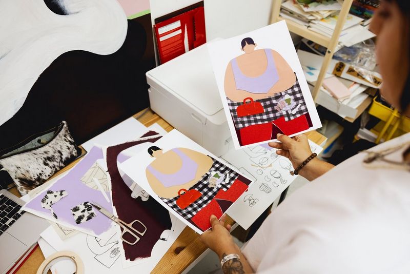 Beth Fraser houdt een van haar originele collages in haar ene hand en een print van hetzelfde werk in haar andere hand. Deze print is gemaakt met de multifunctionele Canon PIXMA-printer die op de achtergrond staat.