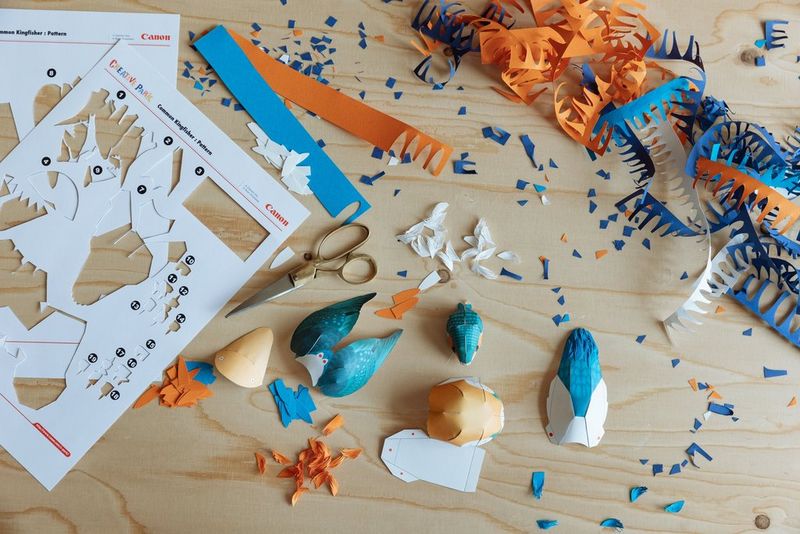 Множество различных составляющих шаблона модели зимородка, некоторые из которых собраны, а другие еще находятся в процессе работы, лежат рядом с ножницами на столе.