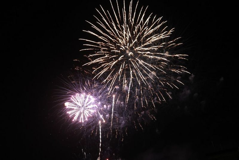 Pink and orange fireworks light up the sky above a bridge.