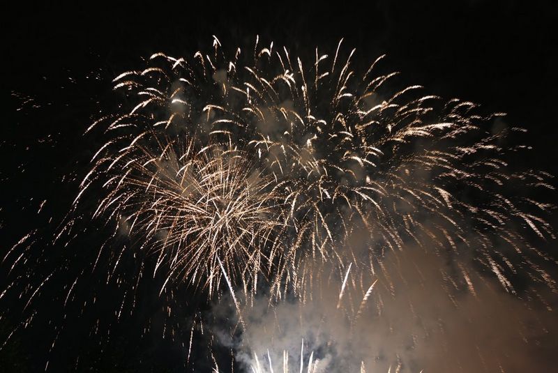 White fireworks burst in the dark sky.