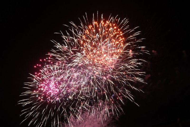 Pink and orange fireworks light up the sky above a bridge.