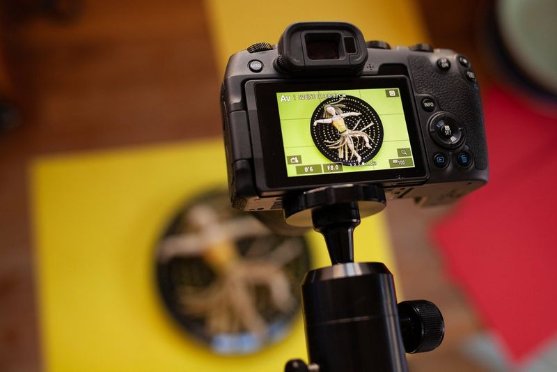 De achterkant van een Canon-camera die is bevestigd op een statief, waarmee van bovenaf wordt gefotografeerd.