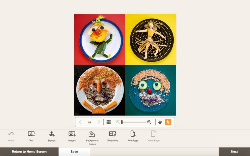Vier foto's van borden met eten die tot een collage zijn gemaakt met de Canon Easy-PhotoPrint Editor-app.