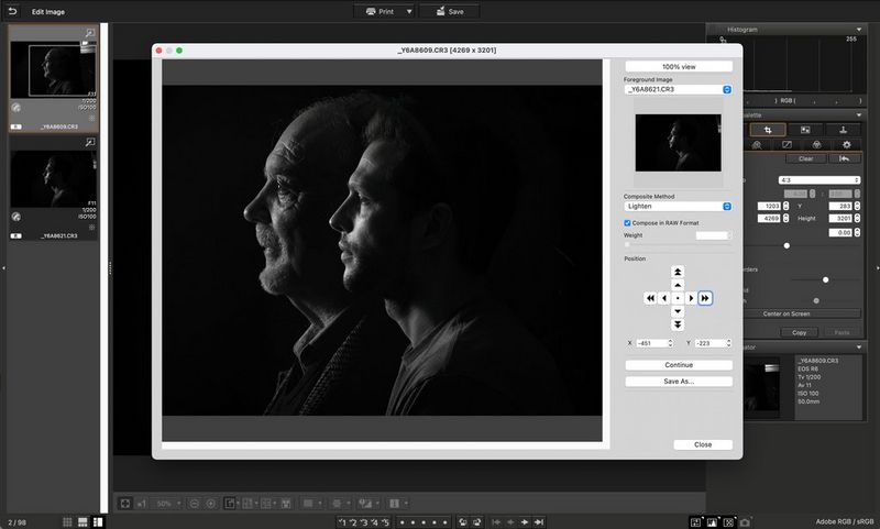 Slika dveh črno-belih portretov v profilu, ki se urejata z orodjem za sestavljanje v Canonovi programski opremi Digital Photo Professional.