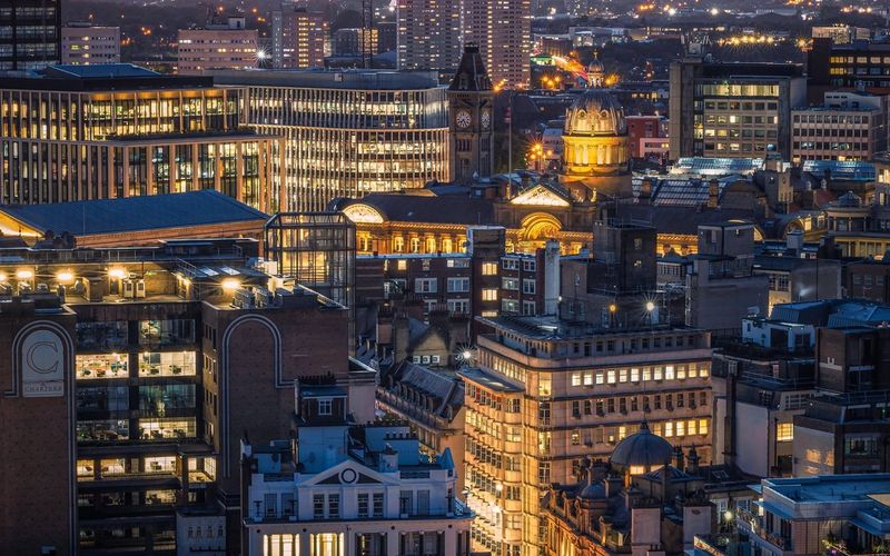 The city of Birmingham, UK, photographed at dusk by Verity Milligan on a Canon EOS R5 with a Canon RF 28-70mm F2L USM lens.