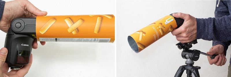 Two hands fit a snack food tube on to a Speedlite flash. A Speedlite flash with a snack food tube on it being attached to a tripod.