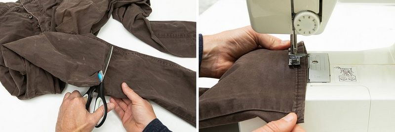 A man using scissors to cut one leg off a pair of trousers. A man's hands using a sewing machine to sew up the opening of a trouser leg.