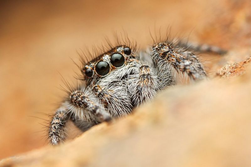 Bližnji posnetek pajka skakača na tleh.