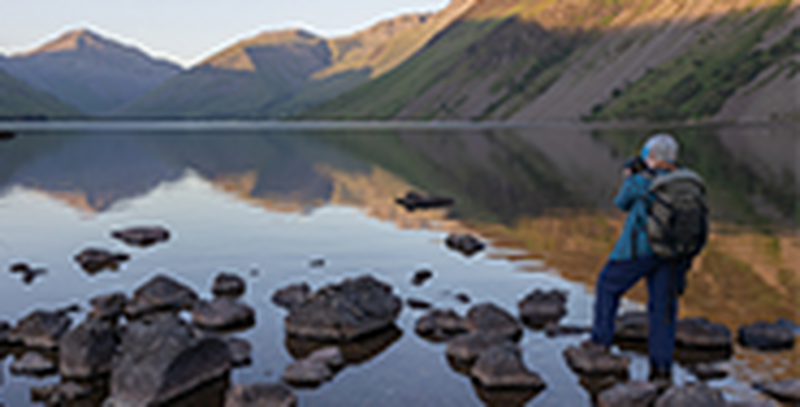 A female photographer stands on rocks in shallow water photographing a lake surrounded by mountains