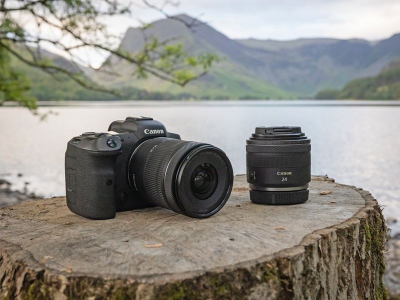 Una fotocamera Canon EOS R5 con un obiettivo Canon RF 15-30mm F4.5-6.3 IS STM poggiati su un ceppo, accanto a un obiettivo RF 24mm F1.8 MACRO IS STM.