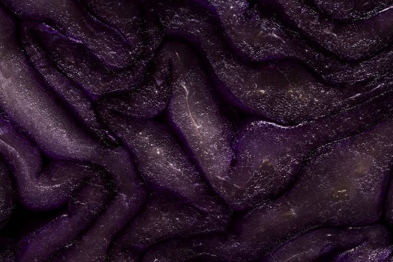 By contrast, a darker version of a close-up image of red cabbage taken by Matt Doogue on a Canon EOS R10. 
