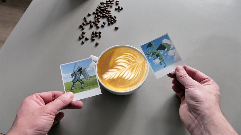 Две руки держат бумажных рыцаря и дракона с разных сторон от чашки кофе. Пенка на кофе выглядит так, будто дракон извергает пламя.