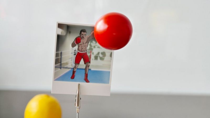 A tomato is suspended in the air in front of an illustrated print of a boxer. The effect makes it look as if the boxer's left glove is reaching out of the picture.
