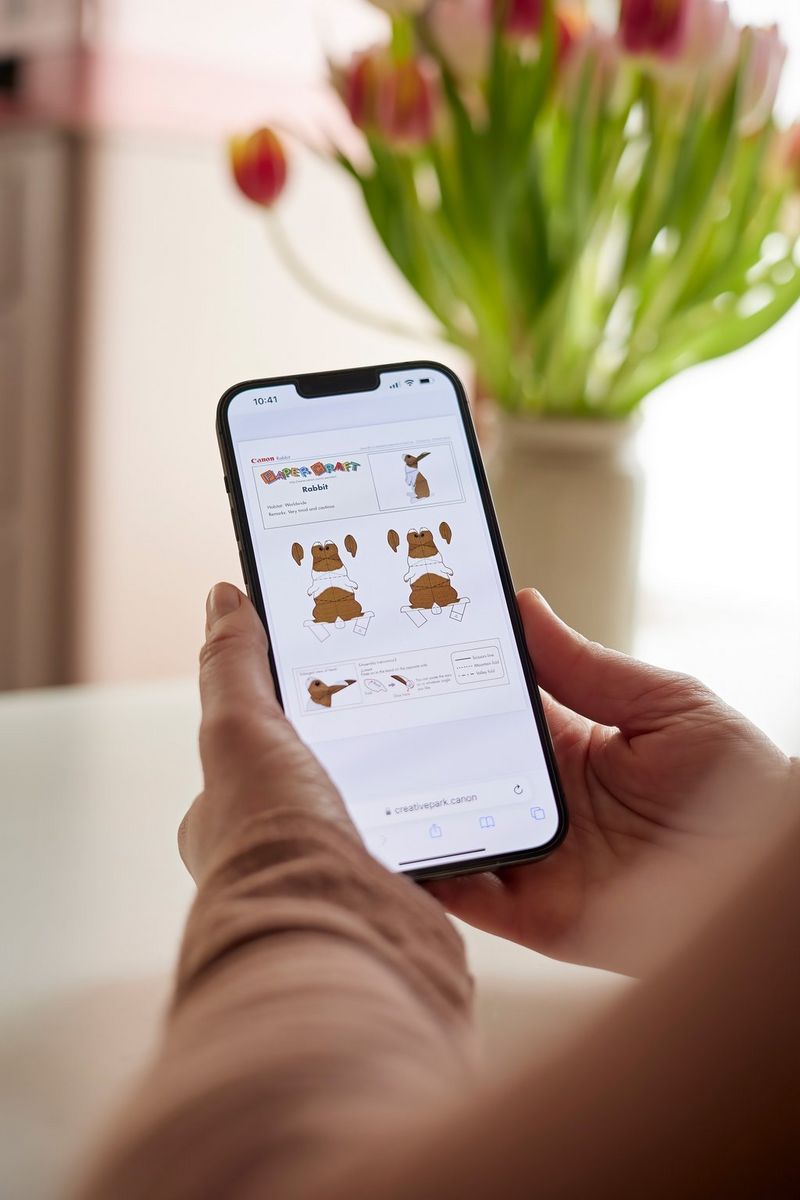 ידיים אוחזות בטלפון החכם שבו מוצגת תבנית ארנבון מ-Creative Park ביישום Canon Creative Park.