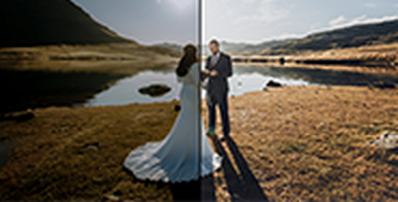 A before and after shot of a couple on their wedding day next to a lake, dark and unedited on the left, showing the lighter version on the right, edited in DPP.