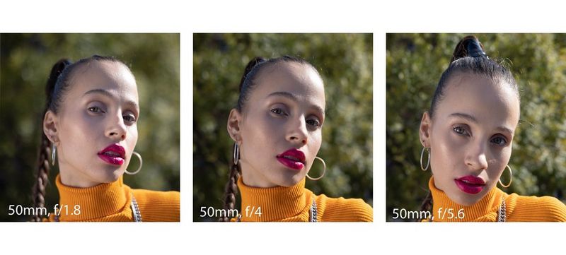 Spoj tri snimke glave osobe s jarkim crvenim ružem u žutoj dolčeviti. Na lijevoj je jasan objekt i zamućena pozadina, srednja je između, a desna ima jasan objekt i jasnu pozadinu.